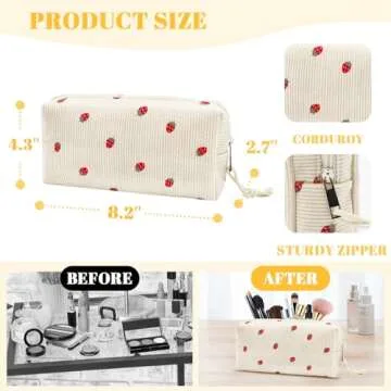 dark swan Makeup Bag Pouch Corduroy Strawberry Cosmetic Bag, Travel Makeup Bag, Travel Toiletry Bag Organizer Cute Makeup Brushes Storage Bag for Women (Beige)
