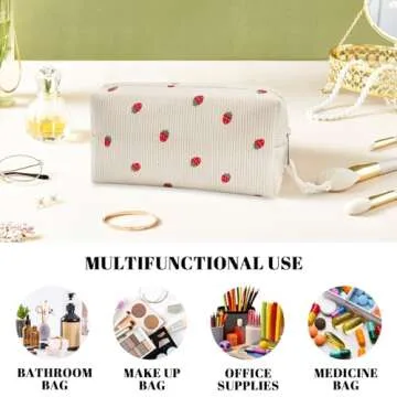 dark swan Makeup Bag Pouch Corduroy Strawberry Cosmetic Bag, Travel Makeup Bag, Travel Toiletry Bag Organizer Cute Makeup Brushes Storage Bag for Women (Beige)