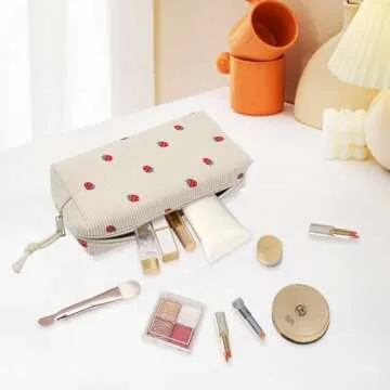 dark swan Makeup Bag Pouch Corduroy Strawberry Cosmetic Bag, Travel Makeup Bag, Travel Toiletry Bag Organizer Cute Makeup Brushes Storage Bag for Women (Beige)