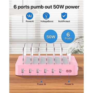 SooPii Premium 6-Port USB Charging Station Organizer for Multiple Devices with Charging Cables and i...