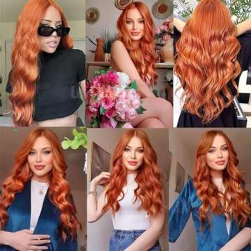 PlatinumHair Ginger Orange Color Loose Wave Wigs for Fashion Women Heat Resistant Copper Red Wigs Long Wavy Synthetic Hair Replacement Wigs 24 Inch