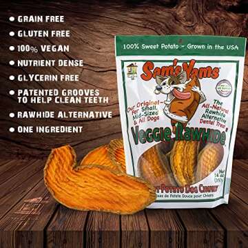 Sam's Yams Sweet Potato Dog Treats, Healthy Dog Treats for Small, Medium, and Large Breed Dogs - Made in USA, High Fiber, Vegan Dental Chews - Veggie Rawhide, Sweet Potato Dog Chewz, 14oz (Pack of 6)