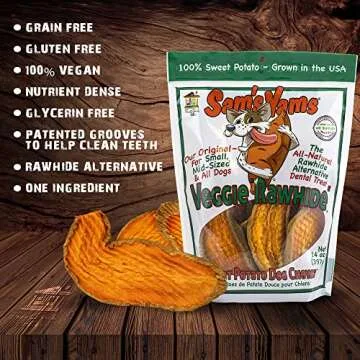 Sam's Yams Sweet Potato Dog Treats, Healthy Dog Treats for Small, Medium, and Large Breed Dogs - Made in USA, High Fiber, Vegan Dental Chews - Veggie Rawhide, Sweet Potato Dog Chewz, 14oz (Pack of 6)
