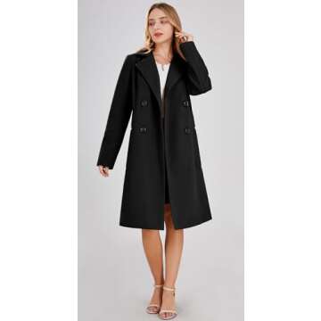 chouyatou Women's Basic Essential Double Breasted Mid-Long Wool Blend Pea Coat (Large, Black)