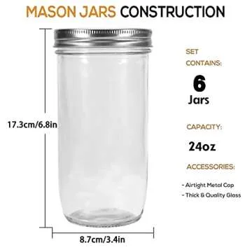 Ieavier Mason Jars Wide Mouth 24oz, 6 pack Glass Pickle Canning Jars Food Storage With Airtight Maso...