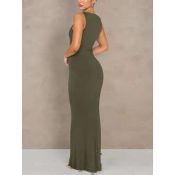 REORIA Women's Summer Sexy Casual Lounge Tank Long Dress Elegant Wedding Guest Sleeveless Halter Neck Bodycon Maxi Dresses Army Green Small