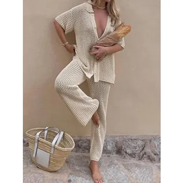 Famulily Womens Sexy Hollow Out Swimsuit Cover Up Sets Button Up Tops and Drawstring Pants 2 Piece Beach Sets Khaki S