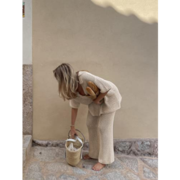 Famulily Womens Sexy Hollow Out Swimsuit Cover Up Sets Button Up Tops and Drawstring Pants 2 Piece Beach Sets Khaki S