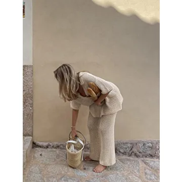 Famulily Womens Sexy Hollow Out Swimsuit Cover Up Sets Button Up Tops and Drawstring Pants 2 Piece Beach Sets Khaki S