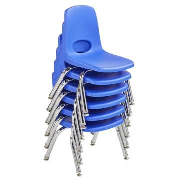 Factory Direct Partners 10356 10" School Stack Chair, Stacking Student Seat with Chromed Steel Legs and Nylon Swivel Glides for in-Home Learning or Classroom - Blue (6-Pack)