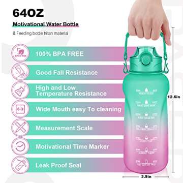 PASER Half Gallon/64oz Motivational Water Bottle With Straw & Removable Strap - BPA Free Leakproof Tritan Large Water Bottle - Water Jug with Time Marker to Ensure You Drink Enough Water Daily