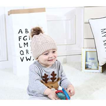 DANMY Baby Beanie Hat, Infant Newborn Toddler Winter Warm Knit Cap for Little Boys Girls, Winter Warm Hat (6-36 Months, white/beige/pink-3PCS)