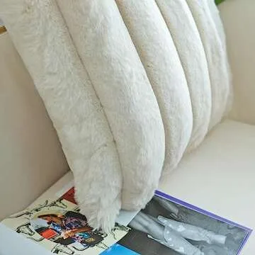 JOJUSIS Pack of 2 Faux Fur Plush Decorative Throw Pillow Covers Couch Cushion Case Soft Fluffy Pillowcases Wide Stripe (Beige, 20 x 20 Inch)