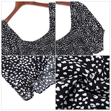 KOJOOIN Women Floral Wide Leg Short Rompers Square Neck Ruff Sleeve Jumpsuits Black S