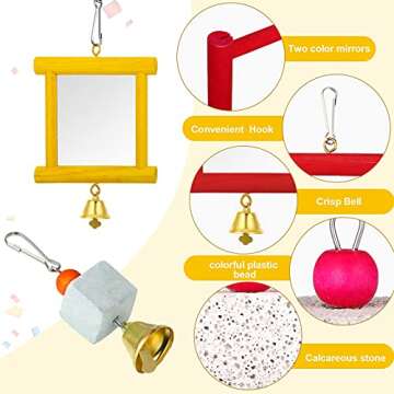 5 Pieces Hen Chicken Toys Chicken Coop Mirrors Colorful Wooden Xylophone Bird Toy Hanging Parrot Grindstone Bird Beak Stones Dangling Bird Toys with Bells for Chicks Parrots Birds Hens