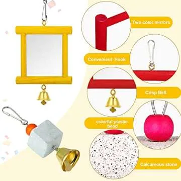 5 Pieces Hen Chicken Toys Chicken Coop Mirrors Colorful Wooden Xylophone Bird Toy Hanging Parrot Grindstone Bird Beak Stones Dangling Bird Toys with Bells for Chicks Parrots Birds Hens