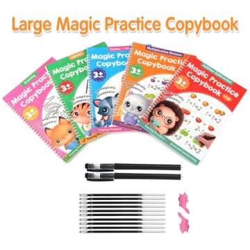 Helsort Large Magic Grooved Practice Copybook for Kids, Reusable Grooved Handwriting Workbook, Learn to Write Number Letter Tracing for Kids Ages 3-8 Kindergarten Preschool Calligraphy 10.2×7.3"