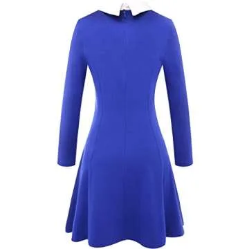 Aphratti Women's Long Sleeve Fall Dresses 2024 Casual Peter Pan Collar A Line Fit and Flare Skater Goth Dress Blue Medium