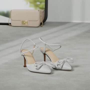 Susanny Women's Wedding Shoes White Kitten Bow Heels Sparkly Closed Toe Strappy High Heels Sexy Rhin...