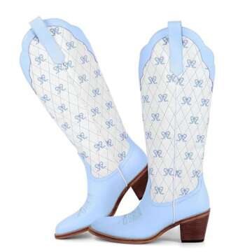 MissHeel Tall Cowboy Boots - Elegant White Knee High Style with Mini Bows