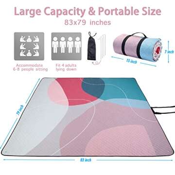 PY SUPER MODE Picnic Blankets Extra Large, Waterproof Foldable Outdoor Beach Blanket Oversized 83x79” Sandproof, 3-Layer Picnic Mat for Camping, Hiking, Travel, Park, Concerts(Abstract Pink)