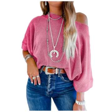 EVALESS Sexy Off The Shoulder Tops for Women 3/4 Length Sleeve Womens Tops Casual Boat Neck Batwing Sleeve One Shoulder Shirts Spring Summer 2025 Knitted T Shirts Rose Red Small