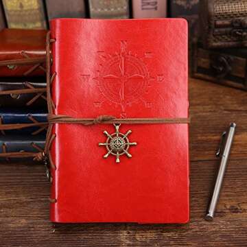 PU Leather Notebook Blank Travel Journal Refillable Writing Diary Notepad Planner Vintage Unlined Pages Binder Notes Book - A6 Thick Paper No Bleed Through 80 Sheets 7 x 5 Inches (Red)
