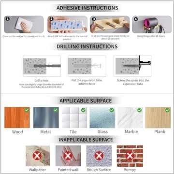 BANJEKT Hair Dryer Holder, SUS304 Adhesive Blow Dryer Holder Wall Mounted Compatible with Dyson Hair Dryer, Hair Dryer Organizer Dyson Hair Dryer Wall Mount