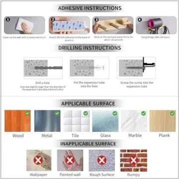 BANJEKT Hair Dryer Holder, SUS304 Adhesive Blow Dryer Holder Wall Mounted Compatible with Dyson Hair Dryer, Hair Dryer Organizer Dyson Hair Dryer Wall Mount