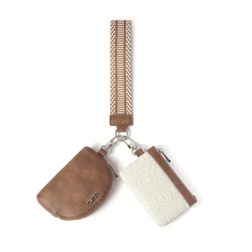 CLUCI Keychain Wallet for Women Leather Coin Purse Detachable Dual Pouch Wristlet Wallet Zipper Pock...