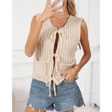 Trendy Cardigan Sweater Vest for Women Crochet Chunky Knit Top Sleeveless Bows Bandage Crop Tops wit...