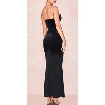 Joukavor Women Sexy Off Shoulder Ruched Bodycon Vintage Cocktail Velvet Maxi Dress Sleeveless Wedding Guest Dresses (Black-01,Small)