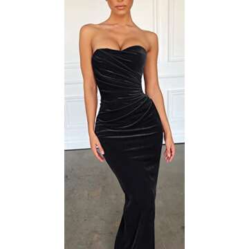 Joukavor Women Sexy Off Shoulder Ruched Bodycon Vintage Cocktail Velvet Maxi Dress Sleeveless Wedding Guest Dresses (Black-01,Small)