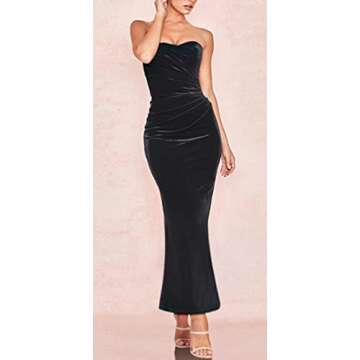 Joukavor Women Sexy Off Shoulder Ruched Bodycon Vintage Cocktail Velvet Maxi Dress Sleeveless Wedding Guest Dresses (Black-01,Small)