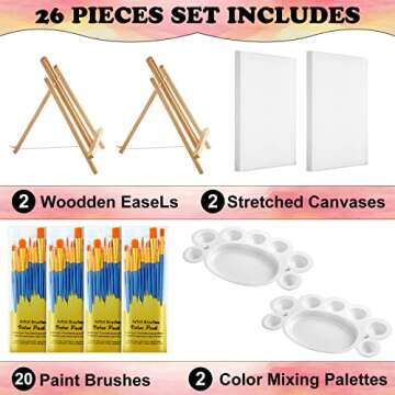 Mimorou 26 Pcs Painting Set with Easels 2 Wooden Art Easels 2 Canvases 11.8 x 9.8 Inch 2 Plastic Pal...
