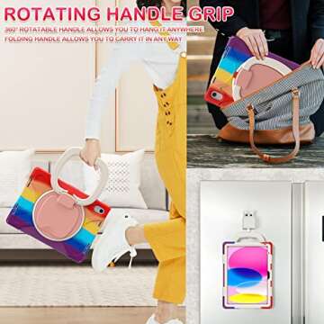 BATYUE Case for iPad 10th Generation, Shockproof Protection Cover for 2022 10.9-inch iPad (10th Generation) with Screen Protector/Pencil Holder/360° Swivel Stand/Shoulder Strap, for kids -Colorful Red