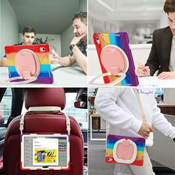 BATYUE Case for iPad 10th Generation, Shockproof Protection Cover for 2022 10.9-inch iPad (10th Generation) with Screen Protector/Pencil Holder/360° Swivel Stand/Shoulder Strap, for kids -Colorful Red