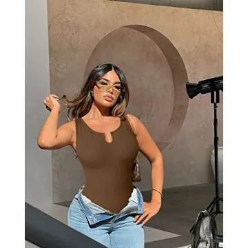 OQQ Women's 3 Piece Sexy Ribbed One Sleeveless Tank Top BodySuit, Black,coffee,white, Medium