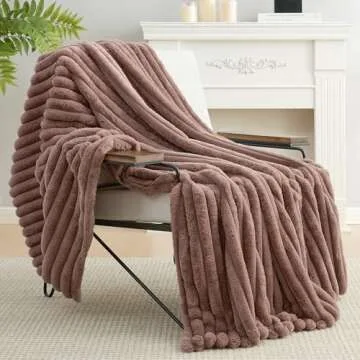 Amélie Home Faux Fur Throw Blanket for Couch, Rabbit Fur Warm Luxurious Soft Striped Cozy Fluffy Pl...