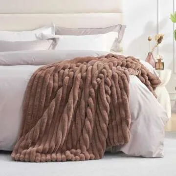 Amélie Home Faux Fur Throw Blanket for Couch, Rabbit Fur Warm Luxurious Soft Striped Cozy Fluffy Plush Gift Blankets for Family Sofa Chair Bed Living Room,Light Coffee,55 x 70 inch