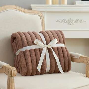 Amélie Home Faux Fur Throw Blanket for Couch, Rabbit Fur Warm Luxurious Soft Striped Cozy Fluffy Plush Gift Blankets for Family Sofa Chair Bed Living Room,Light Coffee,55 x 70 inch