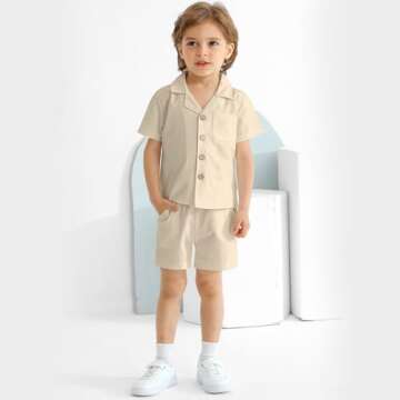 Baby Boy Clothes Set Toddler Summer Outfit Cotton Linen Short Sleeve T-Shirt Top Pocket Button-Down Shirt Short Set Khaki