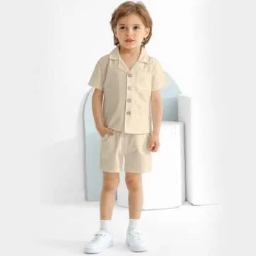 Baby Boy Clothes Set Toddler Summer Outfit Cotton Linen Short Sleeve T-Shirt Top Pocket Button-Down Shirt Short Set Khaki