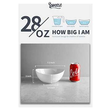 Sweese 28 oz Porcelain Bowls Set of 4 - for Salad, Pasta, Cereal - Microwave, Dishwasher and Oven Safe - White - 103.401
