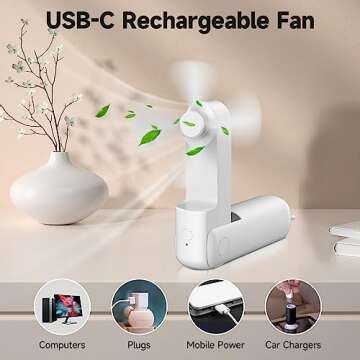 HZSK Handheld Mini Fan, Portable Foldable Fan with Power Bank, USB Rechargeable Small Pocket Fan, Battery Operated Personal Fan with 3 Speeds for Women Outdoor Travel (White)