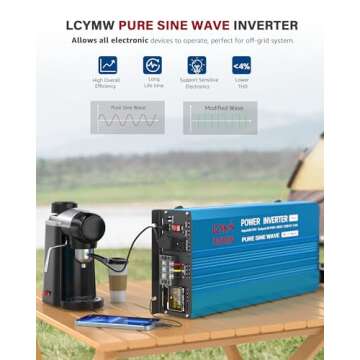 LCYMW 3000 Watt Inverter Pure Sine Wave DC 12V to 110V AC Power Inverters with 3 AC Charger Outlets, Car Inverter Solar Power Inverters for Vehicles Home with LCD Display and 2.4A USB Charging Ports