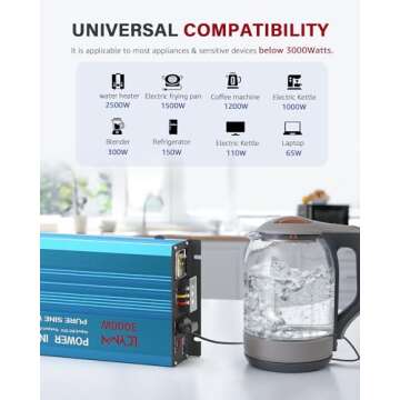 LCYMW 3000 Watt Inverter Pure Sine Wave DC 12V to 110V AC Power Inverters with 3 AC Charger Outlets, Car Inverter Solar Power Inverters for Vehicles Home with LCD Display and 2.4A USB Charging Ports