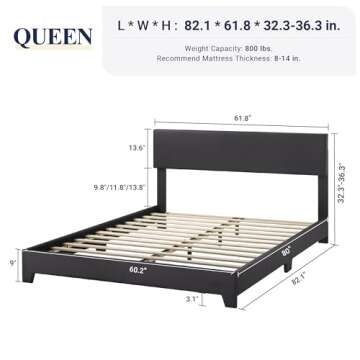 Allewie Queen Bed Frame with Adjustable Headboard, Faux Leather Platform Bed with Wood Slats, Heavy ...
