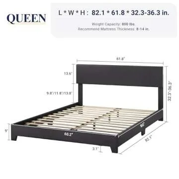 Allewie Queen Bed Frame with Adjustable Headboard, Faux Leather Platform Bed with Wood Slats, Heavy ...