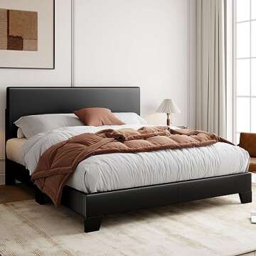 Allewie Queen Bed Frame with Adjustable Headboard, Faux Leather Platform Bed with Wood Slats, Heavy Duty Mattress Foundation, No Box Spring Needed, Noise-Free, Easy Assembly, Black